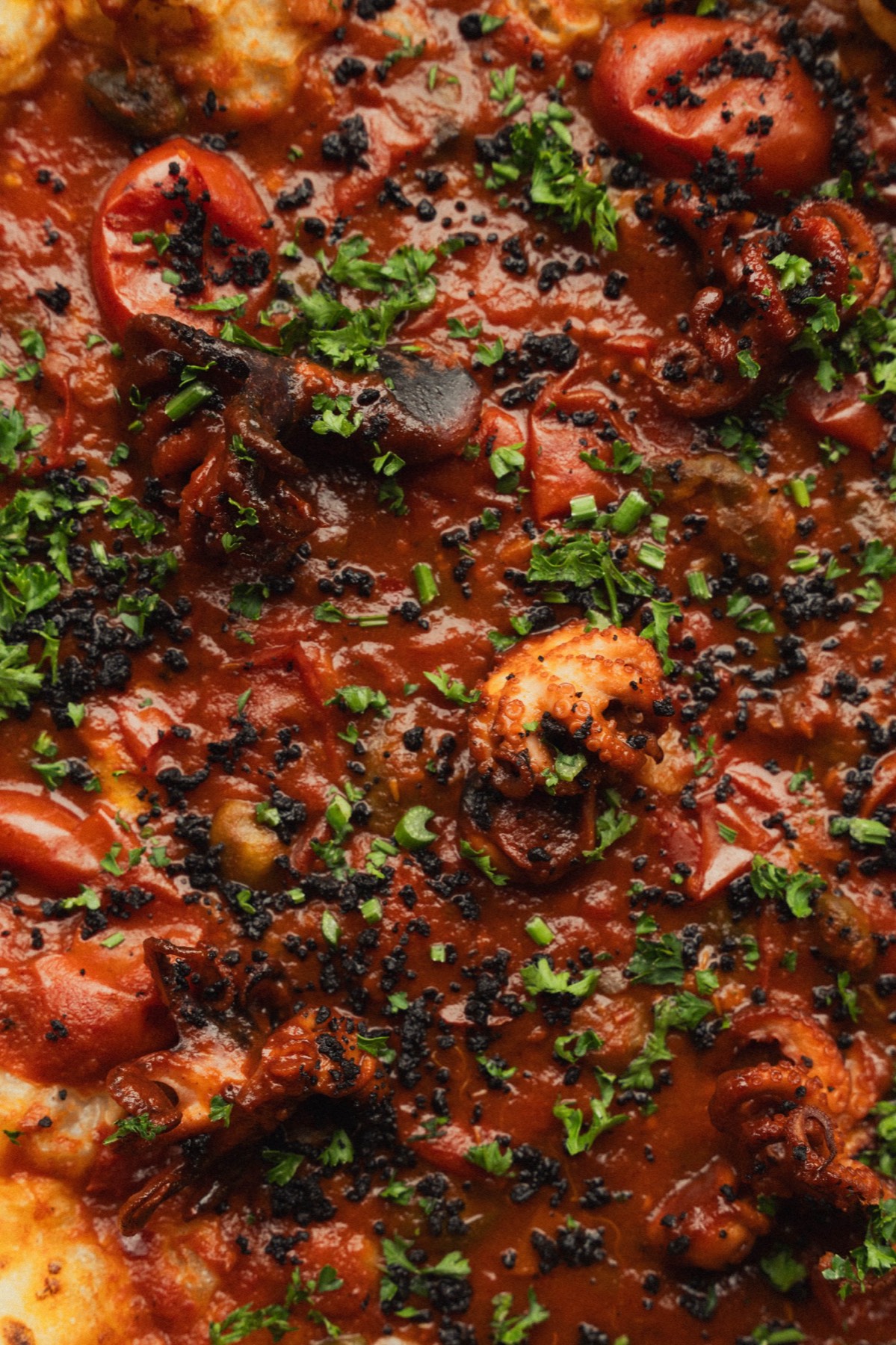 Detail van de saus met octopus